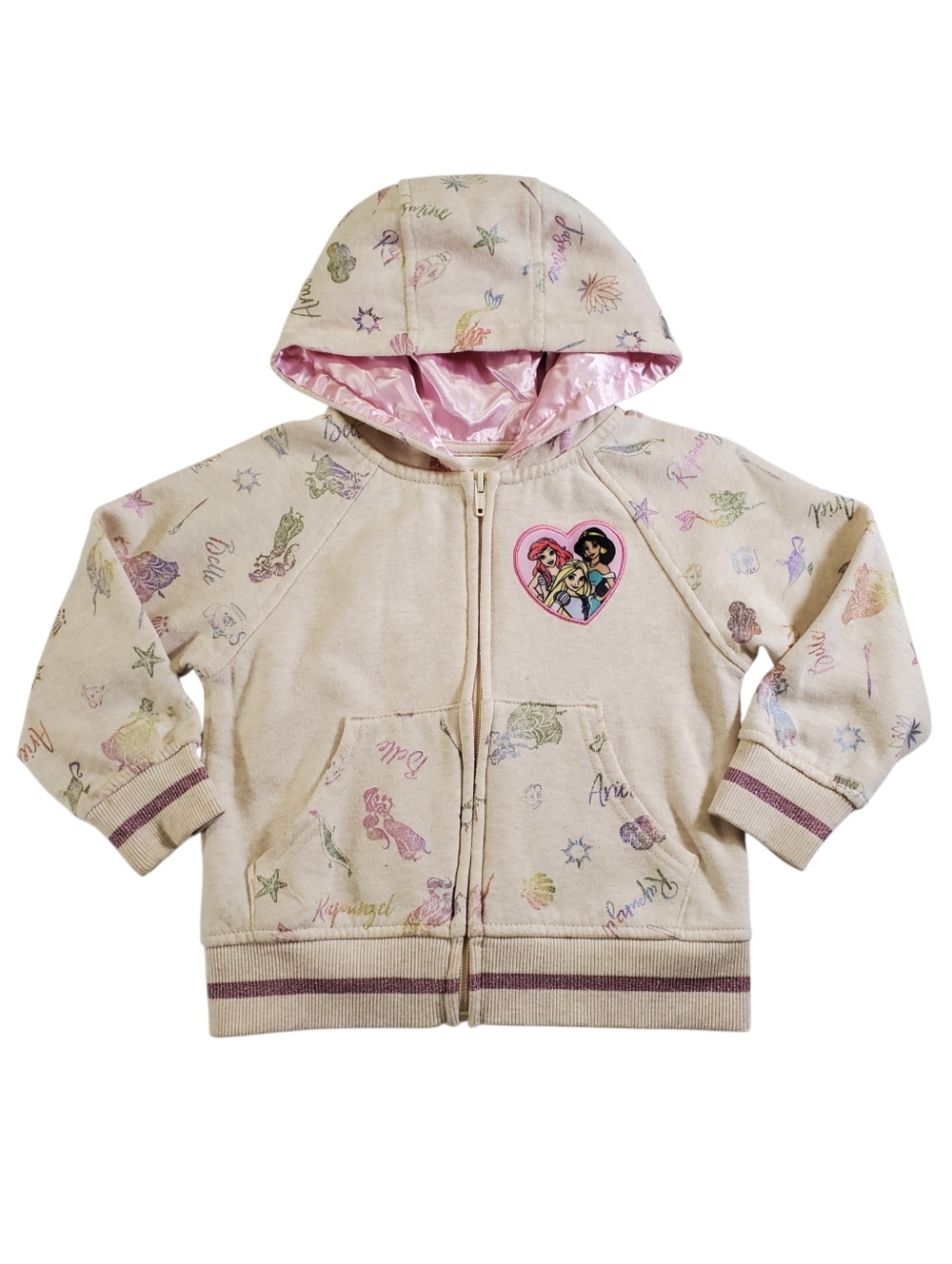K1075 * Disney Princess Hoodie Zip Jacket Belle Ariel Rapunzel Tan Pink Size 3T